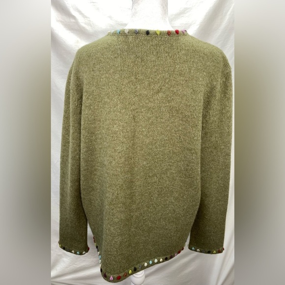 Vintage Carroll Reed Large Green Button Front Wool Cardigan w/ Yarn Pom Details. - Picture 3 of 6